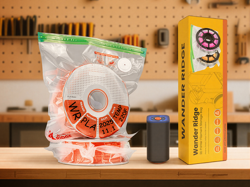 Filament spool in a Wander Ridge transparent vacuum storage bag on a workbench