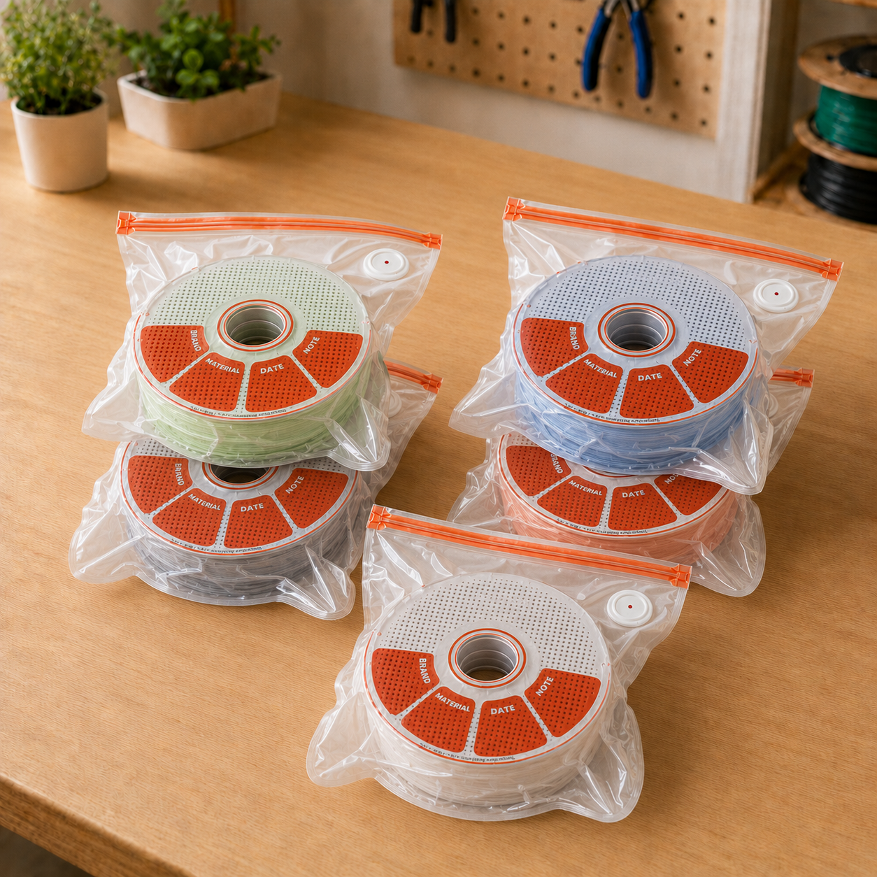 Filament spools stored in Wander Ridge vacuum bags