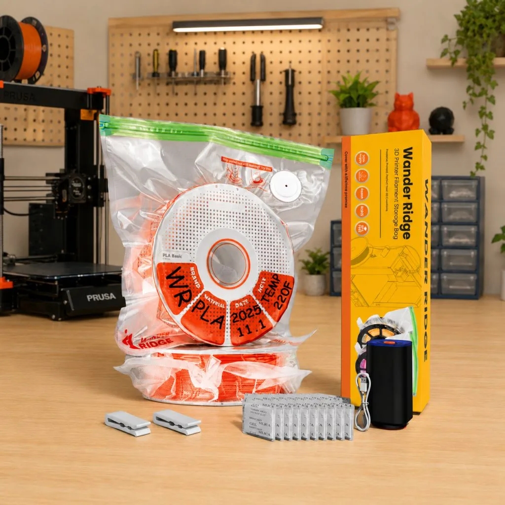 Wander Ridge filament storage system in a maker workshop